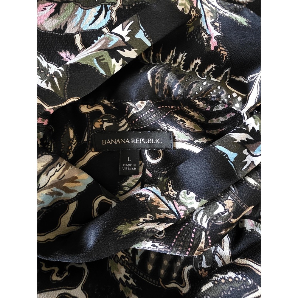 EUC Banana Republic Blouse Women Large Black Floral Tie Neck Office Contemporary - Picture 9 of 13